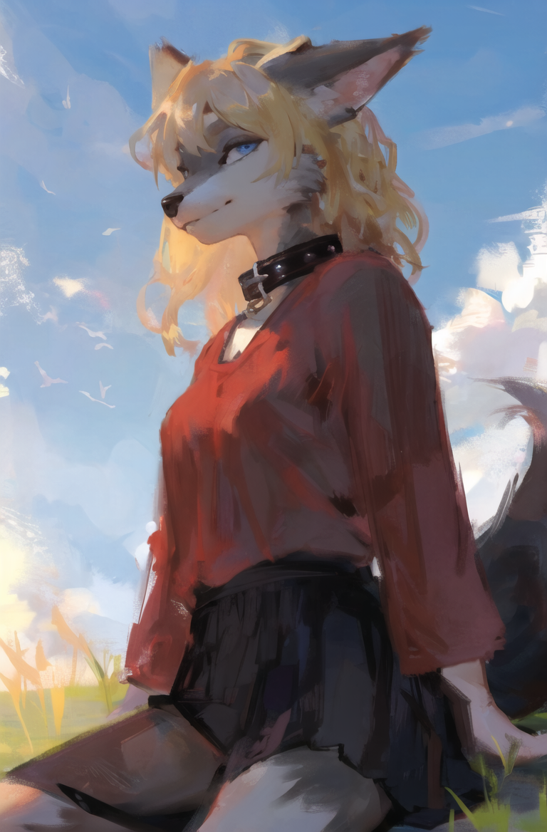 00332-3395172907-highres,furry wolf  girl,(chib_1.2),sky,blonde,blue eyes,high detail eyes,grass,(solo_1.2),portrait, _red shirt,(black skirt_1.2.png